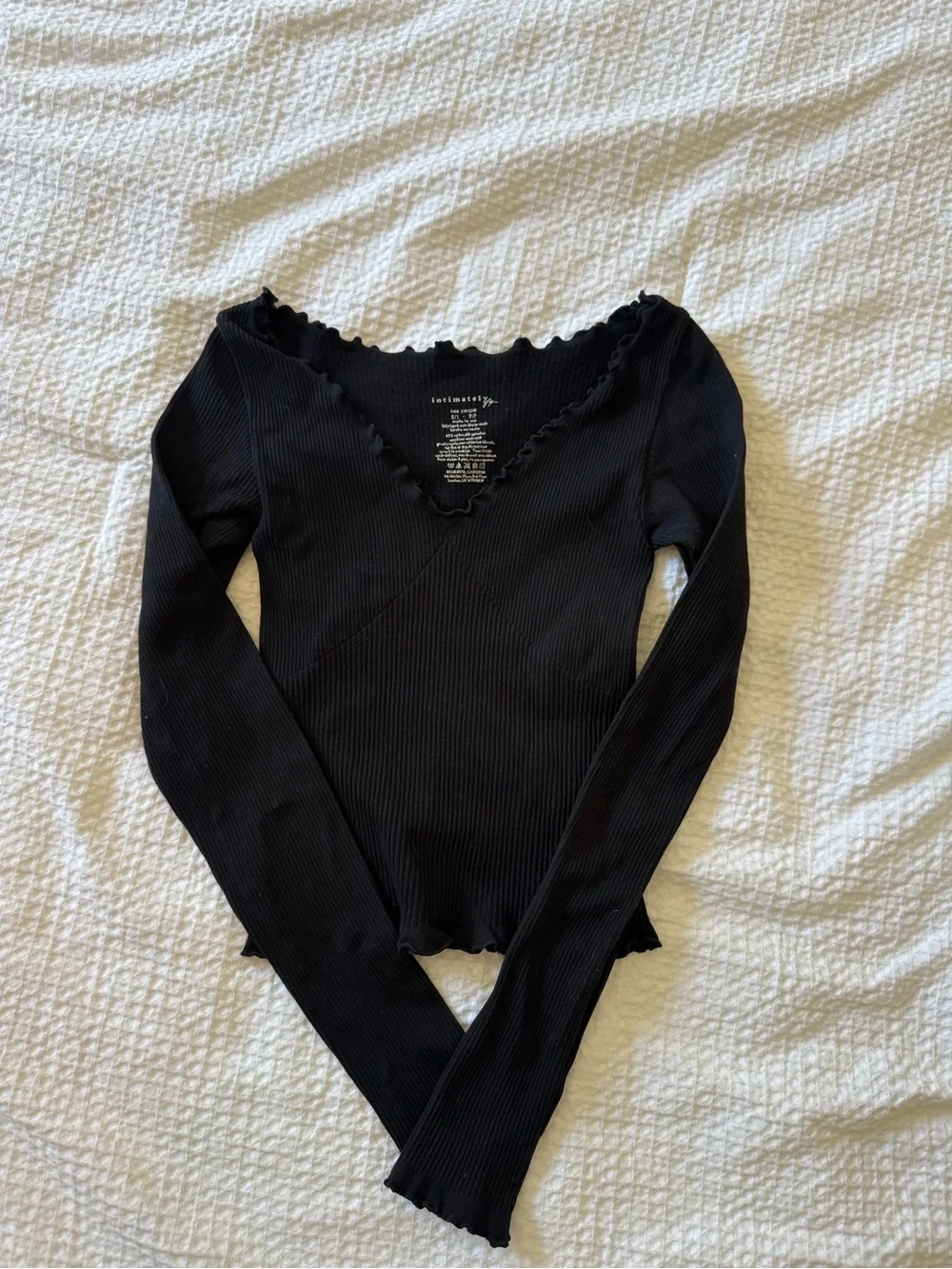 Free People Black Ribbed V-Neck Lettuce-Edge Long Sleeve Top